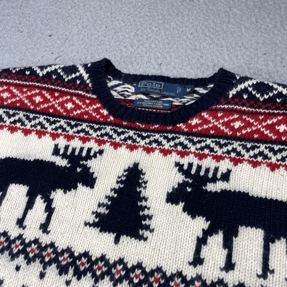 Polo Ralph Lauren Sweater Mens Medium White Moose Fair Isle Crewneck Pullover - Picture 6 of 16